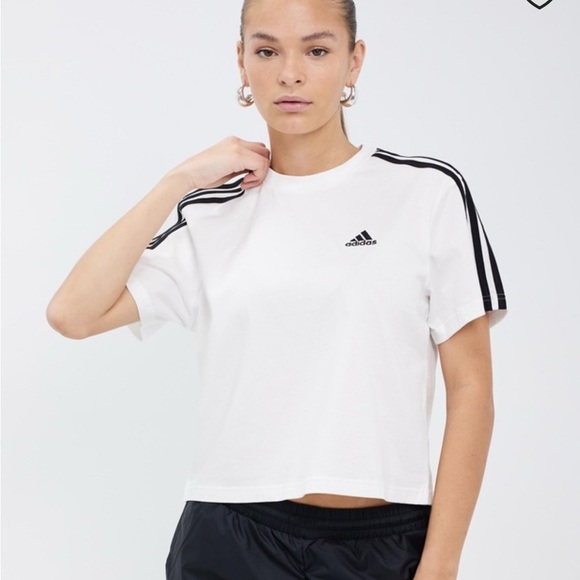 Adidas Sportswear ESSENTIALS 3 STRIPES BABY T-shirt Jersey Crop Top B&W size L - Picture 3 of 11